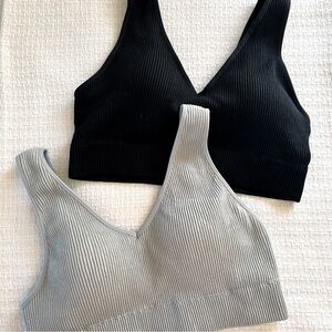 Set of 2 Aerie Bralettes – Removable Pads, Ribbed Seamless V-Neck Bralettes